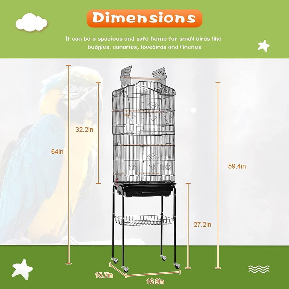 CL.HPAHKL 64-inch Large Bird Cage Play Open Top Design, Metal Parakeet Cage with Rolling Stand & Bottom Tray for Parakeet Lovebirds Ringneck Cockatiels Parrot Cage, Black
