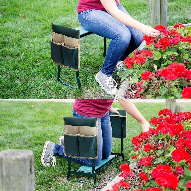 Pure Garden Foldable Garden Kneeler and Stool with Tool Pouches Green
