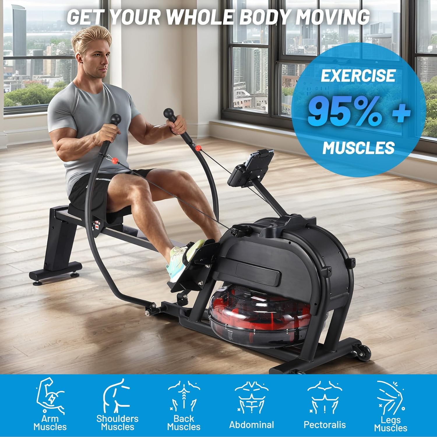 Rowing Machine Workout, Rowing Exercise Machine, 16 Levels Adjustable Dual Resistance, LCD Monitor, Dual Slide Rail, Magnetic Rowing Machine for Home Use, App Compatible, 350 LB Weight Capacity