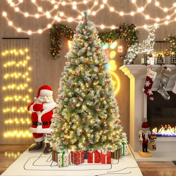 Gymax 6.5’ Xmas Artificial Tree Decor Hinged 207 Red Berries and 420 Warm LED Lights