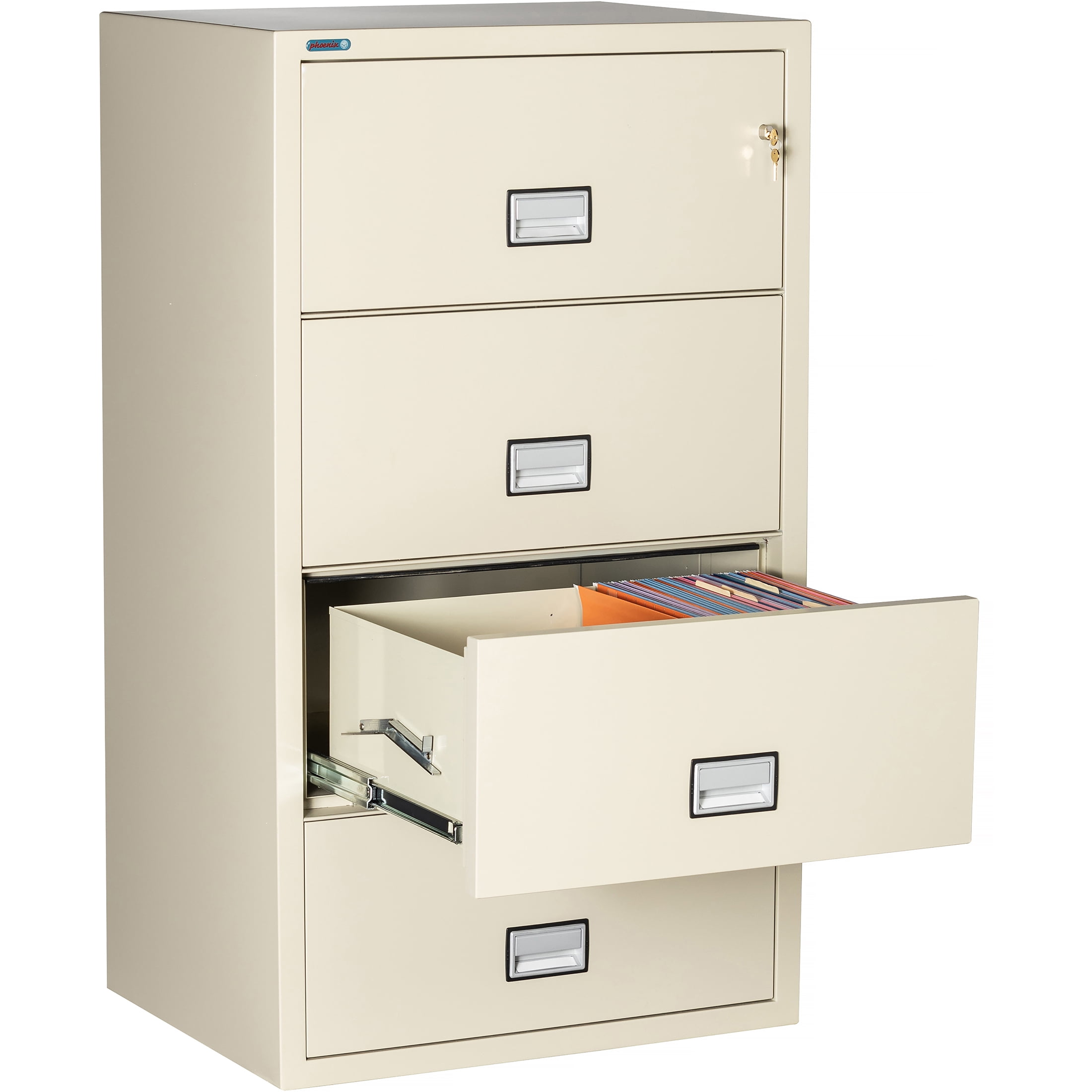 Phoenix Safe Lateral 31 inch 4-Drawer Fireproof File Cabinet with Key Lock, Water Seal, Putty, LAT4W31P
