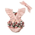 thumbnail image 2 of Styles I Love Infant Baby Girls Ruffle Sleeves Flower Printed Cross Open Back Sunsuit Romper and Headband 2 pcs Summer Bodysuit Outfit (Rose Pink, 90/12-18 Months), 2 of 6