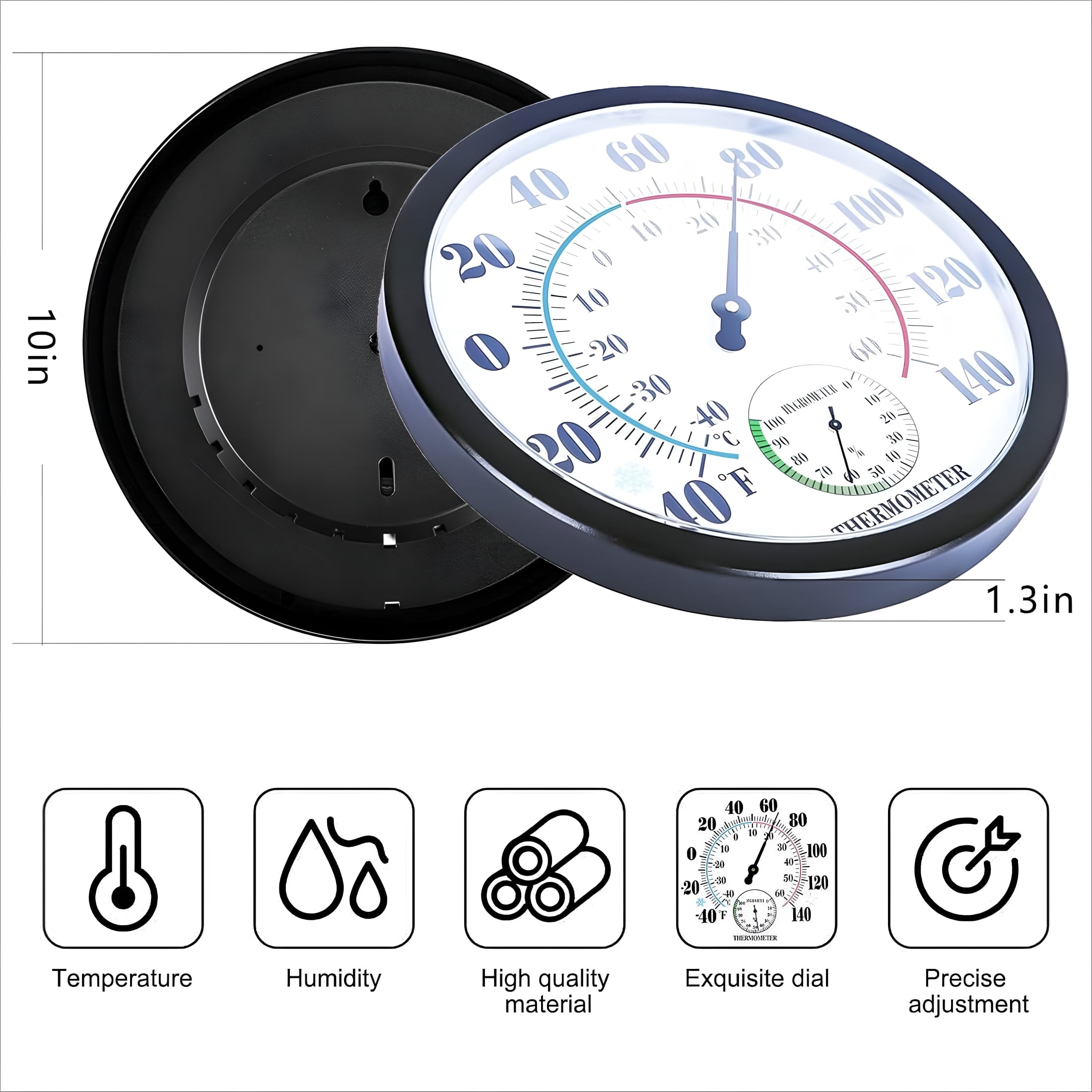 GJX Large Indoor and Outdoor Thermometer Hygrometer - 10In Waterproof Wall Mounted Thermometer, No Batteries Required (Black)