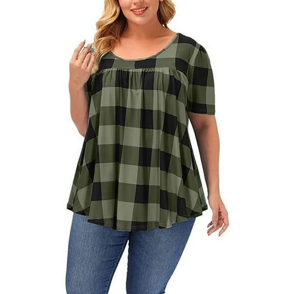 Spring Tops For Women Plus Size Summer Casual Loose Printed Crew Neck Short Sleeve Workout Pullover Blouses Breathable Going Out Shirts