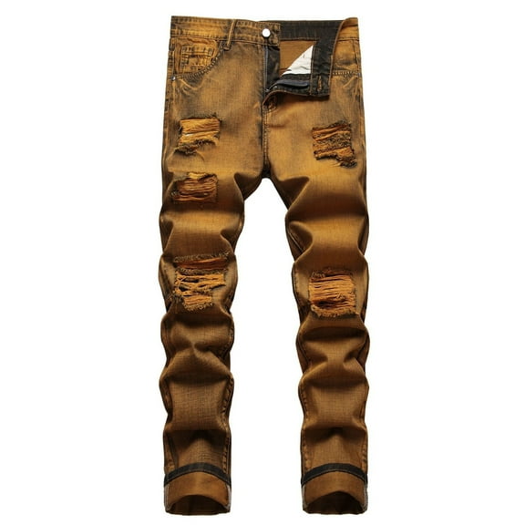 Ripped Jeans for Men Distressed Stretch Straight Leg Skinny Denim Pants Streetwear Bronze XXL