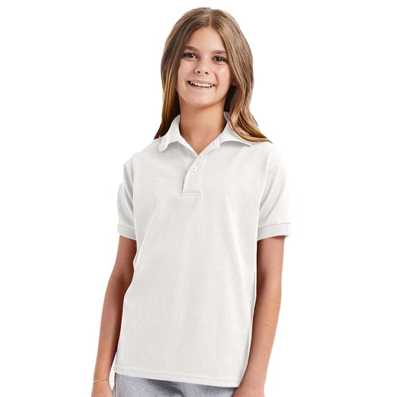 Hanes Youth EcoSmart Jersey Polo Shirt, Pre-Shrunk, School Uniform Polo for Kids, White, S