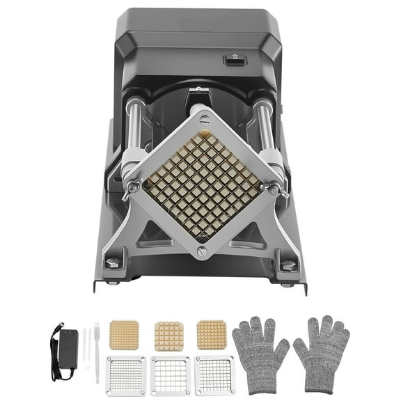 KFFKFF Commercial French Fry Cutter, Stainless Steel Vegetable and Fruit Chopper with 3 Interchangeable Blades (1/2-Inch, 3/8-Inch, 1/4-Inch), Electric Potato Slicer and Dicer for Home