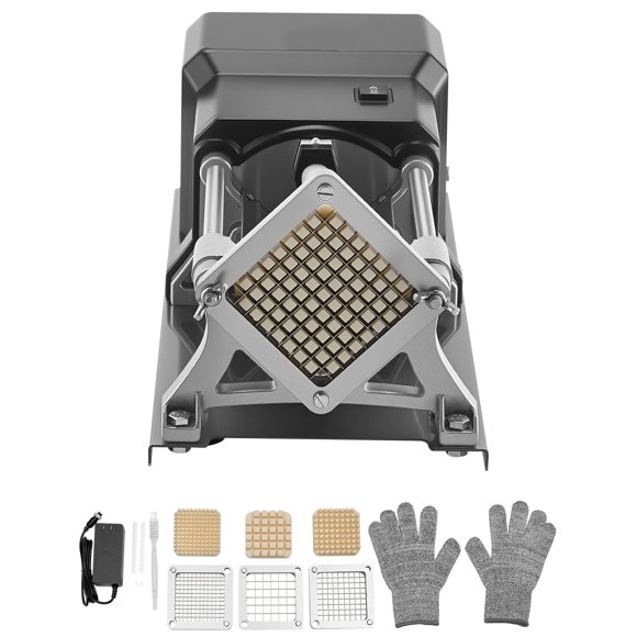 KFFKFF Commercial French Fry Cutter, Stainless Steel Vegetable Fruit Chopper with 3 Replacement Blades 1/2-Inch 3/8-Inch 1/4-Inch, Electric Potato Slicer Dicer