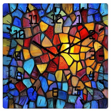 Blue Red Yellow Wooden Wall Clock Silent Non Ticking, Modern Colored Rainbow Stained Glass Square Wall Clocks Battery Operated, Decor Clock for Home Office, Living Room, Kitchen, 10 Inch