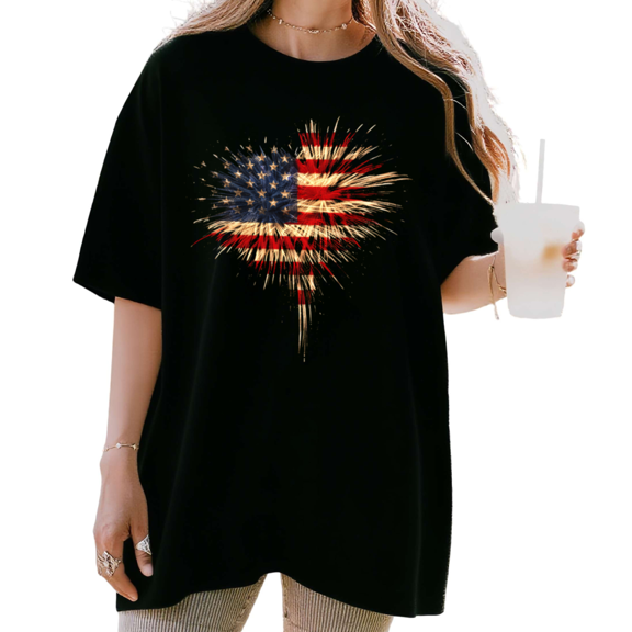 UNISHE Women's Patriotic American Flag Heart Fireworks Graphic Short Sleeve T-Shirt Casual Cotton Crewneck Top