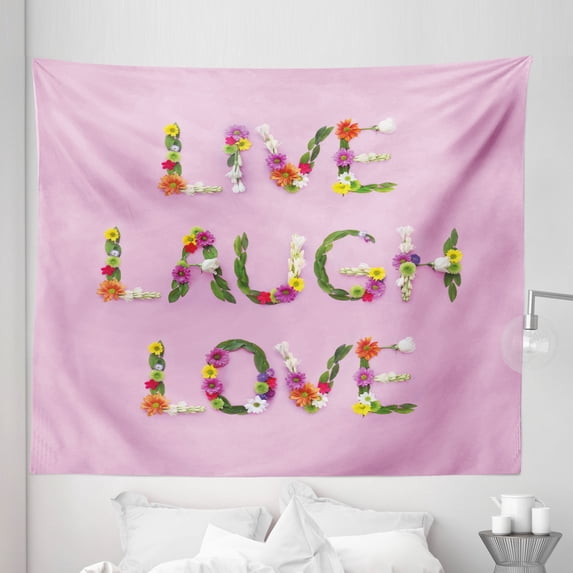 Live Laugh Love Tapestry, Floral Words Composition on an Abstract Pink Background Typographic Pattern, Fabric Wall Hanging Decor for Bedroom Living Room Dorm, 5 Sizes, Multicolor, by Ambesonne