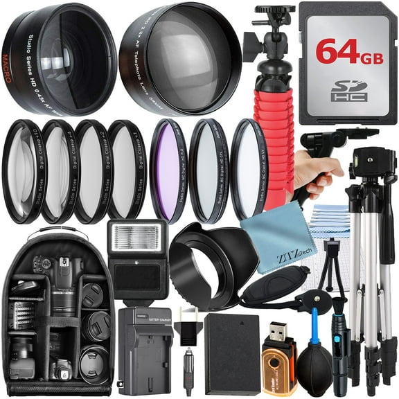 49mm Accessory Bundle for Canon EOS: R50, R100, M5, M6 Mark II, M6, R10   LP-E17 Battery   64GB Memory Card   Battery Charger   Wide Angle   Telephoto Lens   Backpack   Tripod   More (24pc Bundle)