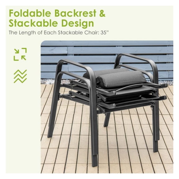 Stackable Patio Bistro Set, 3 Piece Outdoor Furniture with Adjustable Chairs & Tempered Glass Table - Space Saving Conversation Set for Porch, Deck, Poolside