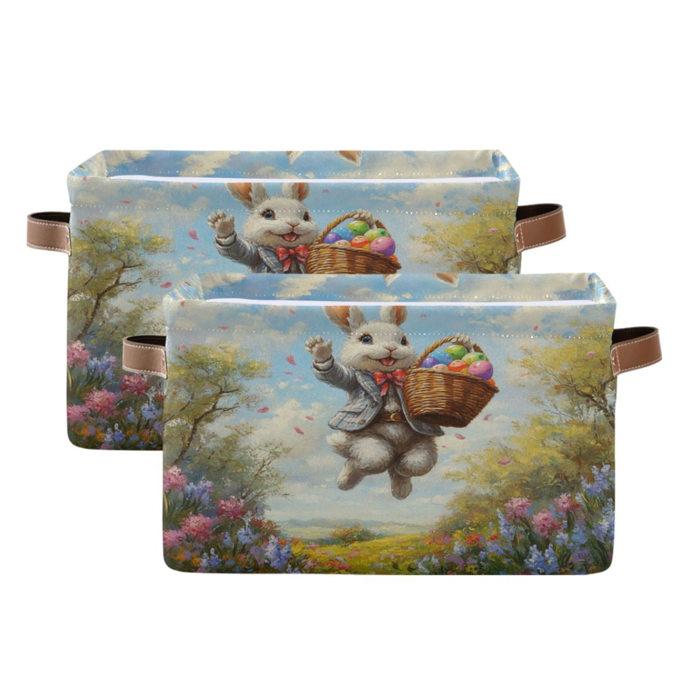 WOBOGO Cheerful Easter Bunny Square Storage Basket with Waterproof Canvas and PE Lining Durable PU Leather Handles 14.2×10.2×8.3in