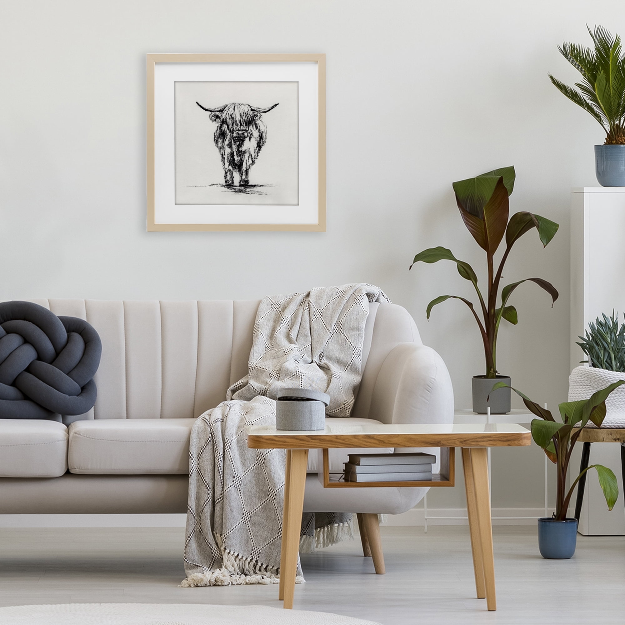 Stupell Industries Highland Cow in Charcoal Birch Framed Print Under Glass, design by Leah Noel Art