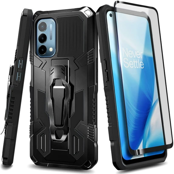 Nagebee Case for OnePlus Nord N200 5G with Tempered Glass Screen Protector (Full Coverage), Belt Clip Built-in Kickstand Dual Layer Full Body Protective Shockproof Rugged Case (Black)