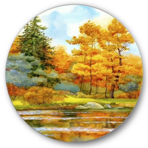 Designart 'Autumn Forest By The Lake Side I' Lake House Circle Metal Wall Art 36x36 - Disc of 36