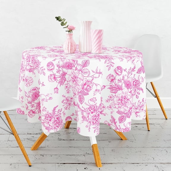 Pink Floral Round Tablecloth 60 Inch Chinoiserie Flower Fabric Table Cloth Washable Table Cover for Picnic Dinner Table Decoration