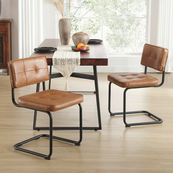 Zesthouse Mid-Century Modern Dining Chairs Set of 2, Upholstered Faux Leather Dining Room Chairs with Back and Black Legs, Armless Side Chairs for Kitchen & Dining Living Room, Brown