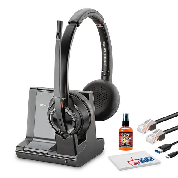 Poly Savi 8220 UC Wireless DECT Headset System - Dual Ear - Teams Certified - Bluetooth Bundle Including: USB Type-A Cable, Base, RJ11 Cable, Goby Labs Headphone Cleaner, Fiber Cloth