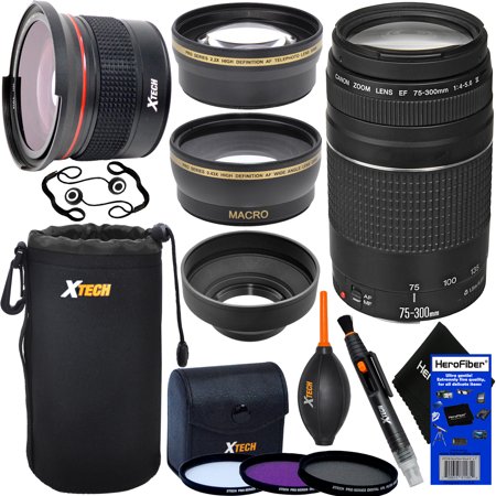Canon EF 75-300mm f/4-5.6 III Telephoto Zoom Lens for SLR Cameras + Fisheye Lens + Telephoto & Wide Angle Lenses + 3pc Filter + 7pc Accessory Kit w/ HeroFiber Cleaning