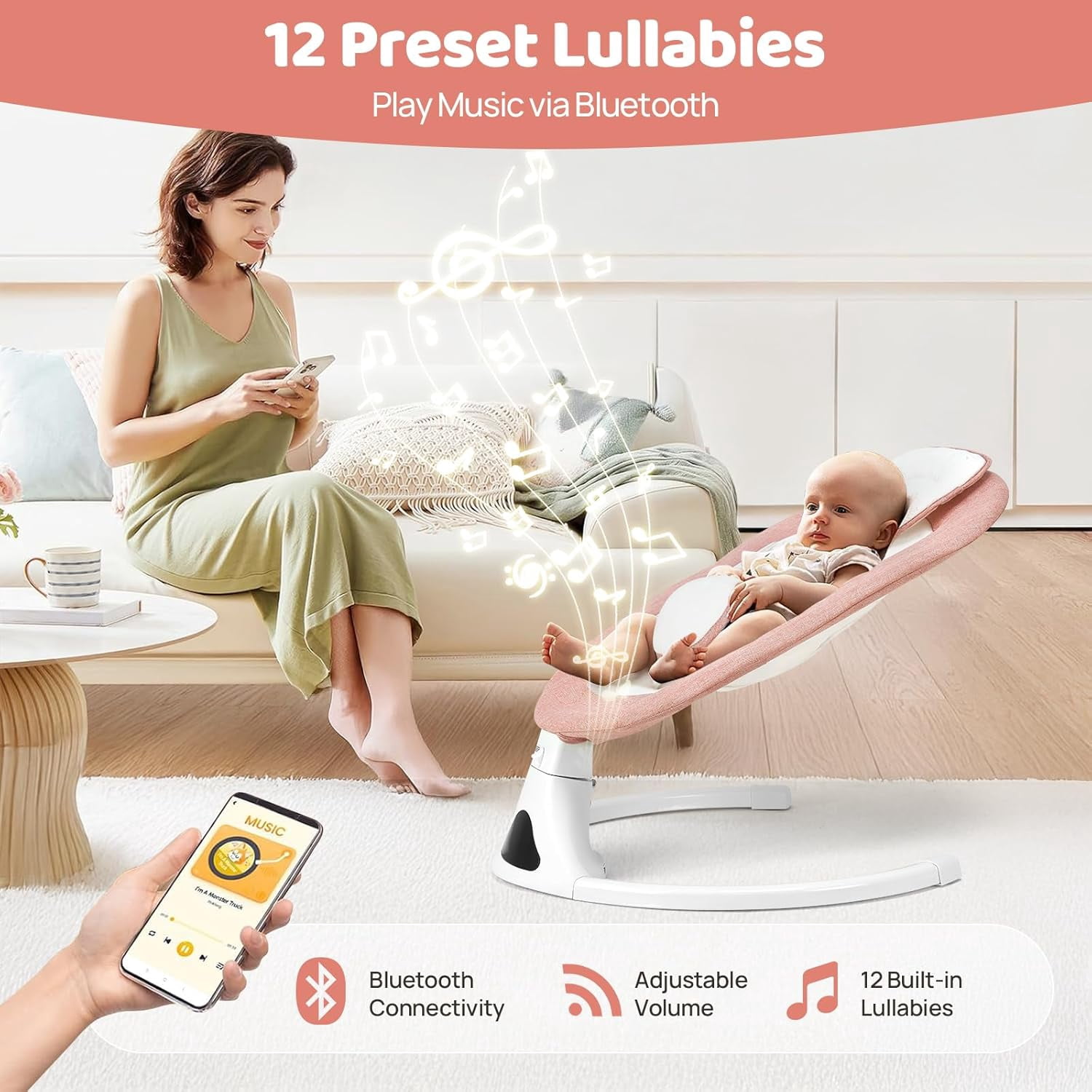 Baby Swings for Infants, Pink Infant Swing with 5 Speeds, 12 Soothing Melodies, Bluetooth & Remote Control, Portable Baby Swing for Indoor and Outdoor