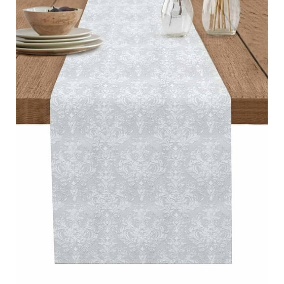 Gray Ethnic Table Runner Cotton Linen 48 Inch Holiday Dresser Scarves, Simple Boho Modern Chic Abstract Floral Motifs Tablerunner for Kitchen Coffee Dining Bedroom Dinner Scarf Décor 13''x48''