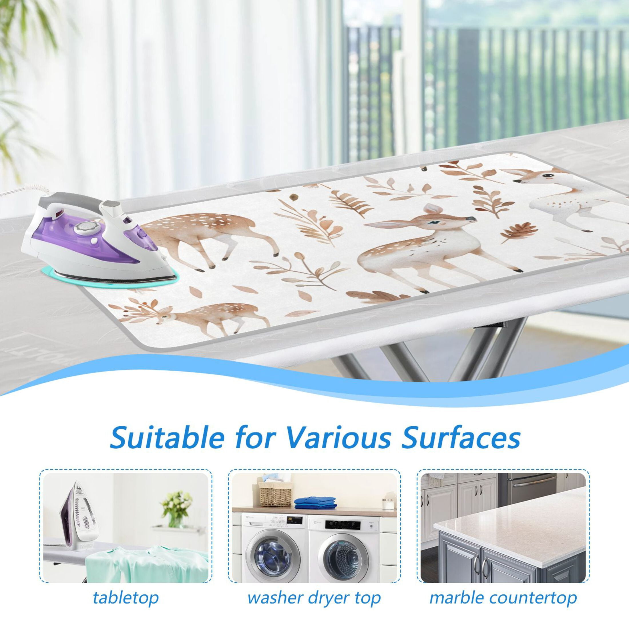Cute Deers Leaves Cartoon Ironing Mat Blanket Portable Travel Ironing Pad Heat Resistant Pad 47.2" x 27.6”