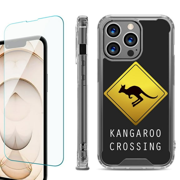 Shockproof Bumper Phone Case for iPhone 13 Pro Max, with Tempered Glass Screen Protector, by OneToughShield ® - Road Sign Kangaroo