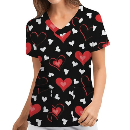

TAIAOJING Women s Scrub Top Valentine s Day Heart Print Short Sleeve V Neck Tops Working Uniform Blouse Shirt With Pockets
