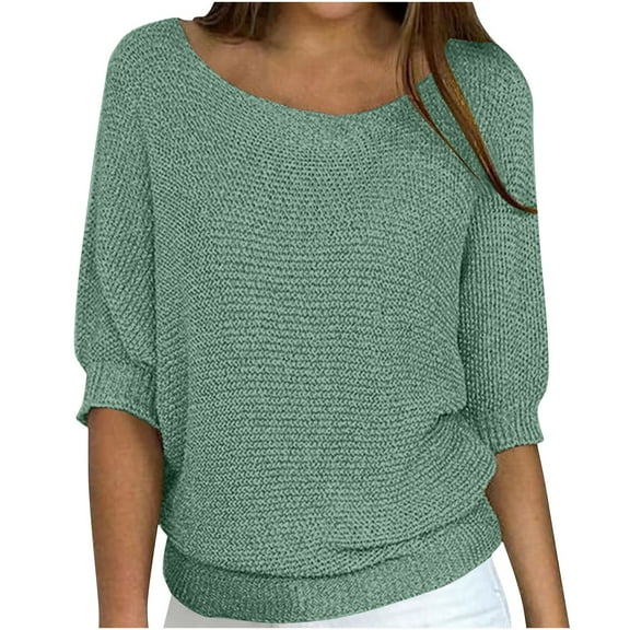 Htigea Lightweight Sweaters for Women Knit Crewneck Half Sleeve Casual Loose Fit Pullover Tops Green S