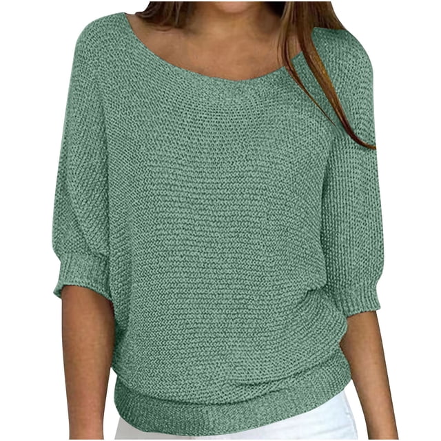 Xfvqtps Sweater Womens Solid Color Round Neck Pullover Half Sleeve Loose Casual Sweater