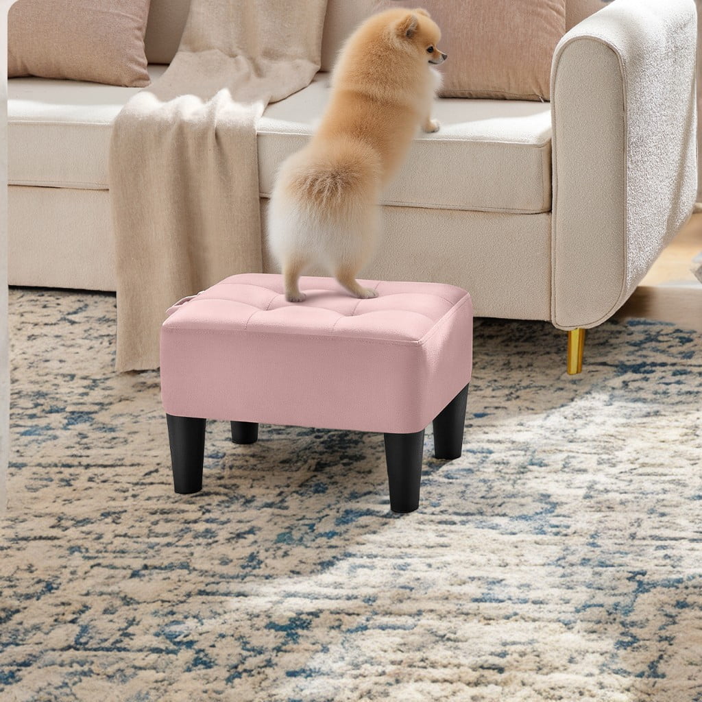 LEDREM Small Ottoman Foot Stool with Thick Cushion, Footrest with Sturdy Angled Legs for Living Room, Bedroom, Entryway, Jelly Pink
