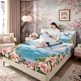 thumbnail image 3 of Manfei Scenic Heron Queen Sheet Sets for Girls Women, Mountain Lake Bed Set, Blue Pink Green 4pcs, 1 Flat Sheet, 1 Fitted Sheet and 2 Pillowcases, 3 of 6