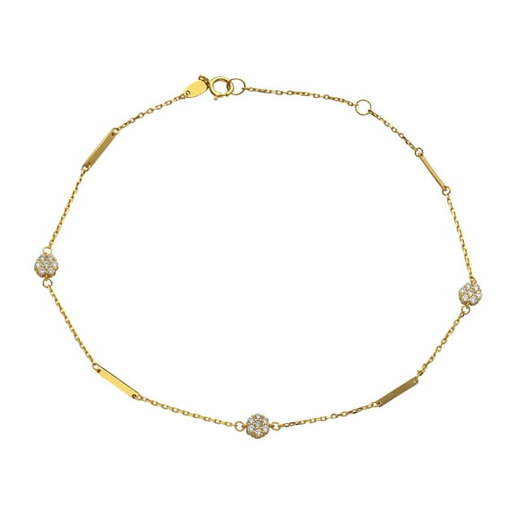 LoveBling 10k .5mm Circular 7 CZ stones w/ Gold Bar Charm Anklet Adjustable from 9" to 10" (#80)