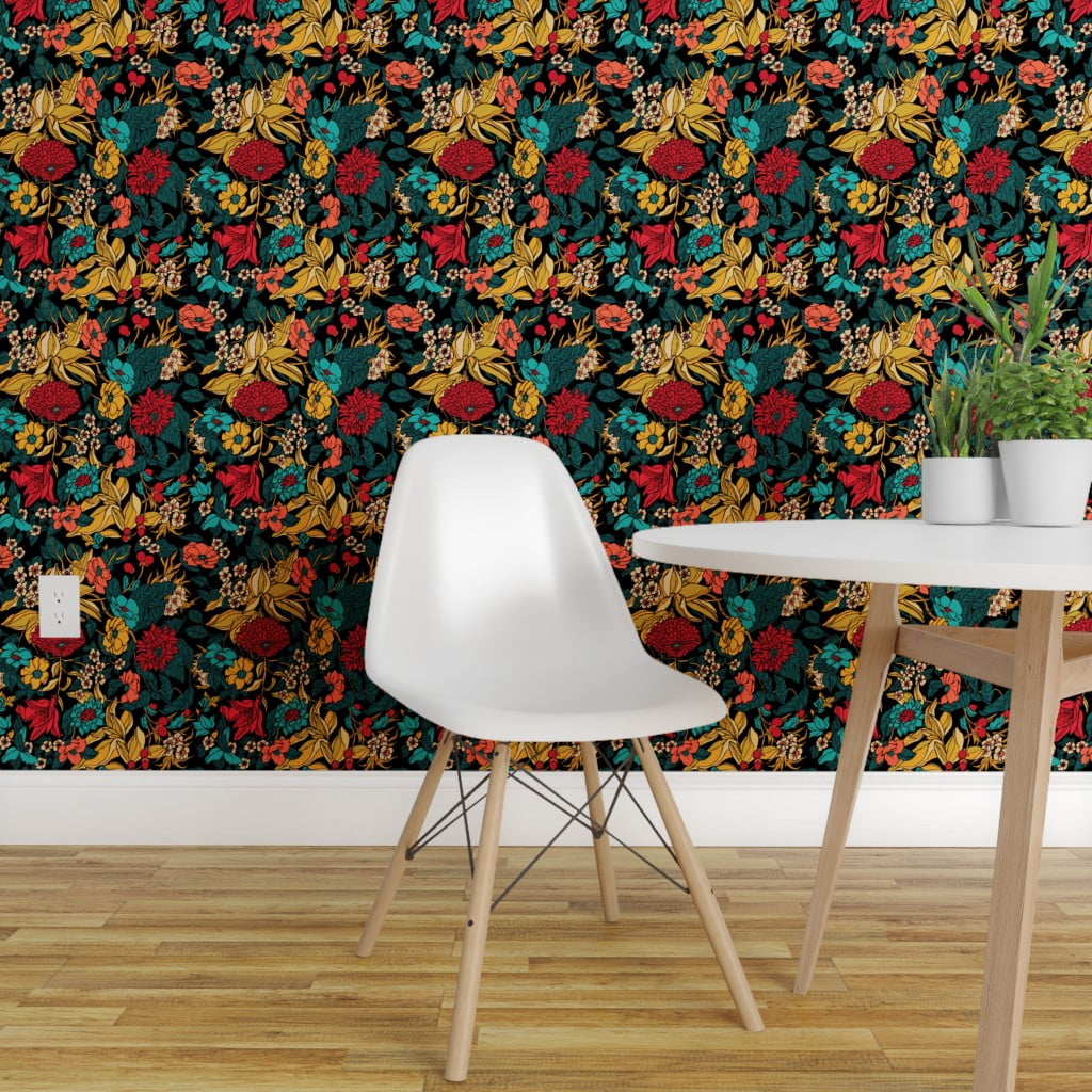 Peel-and-Stick Removable Wallpaper Red Black Green Ochre Fall Autumn Floral 