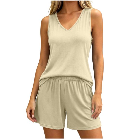 FAIWAD Womens Pajama Sets 2 Piece Short Set Sleeveless V Neck Tank Top and Shorts Lounge Clothing