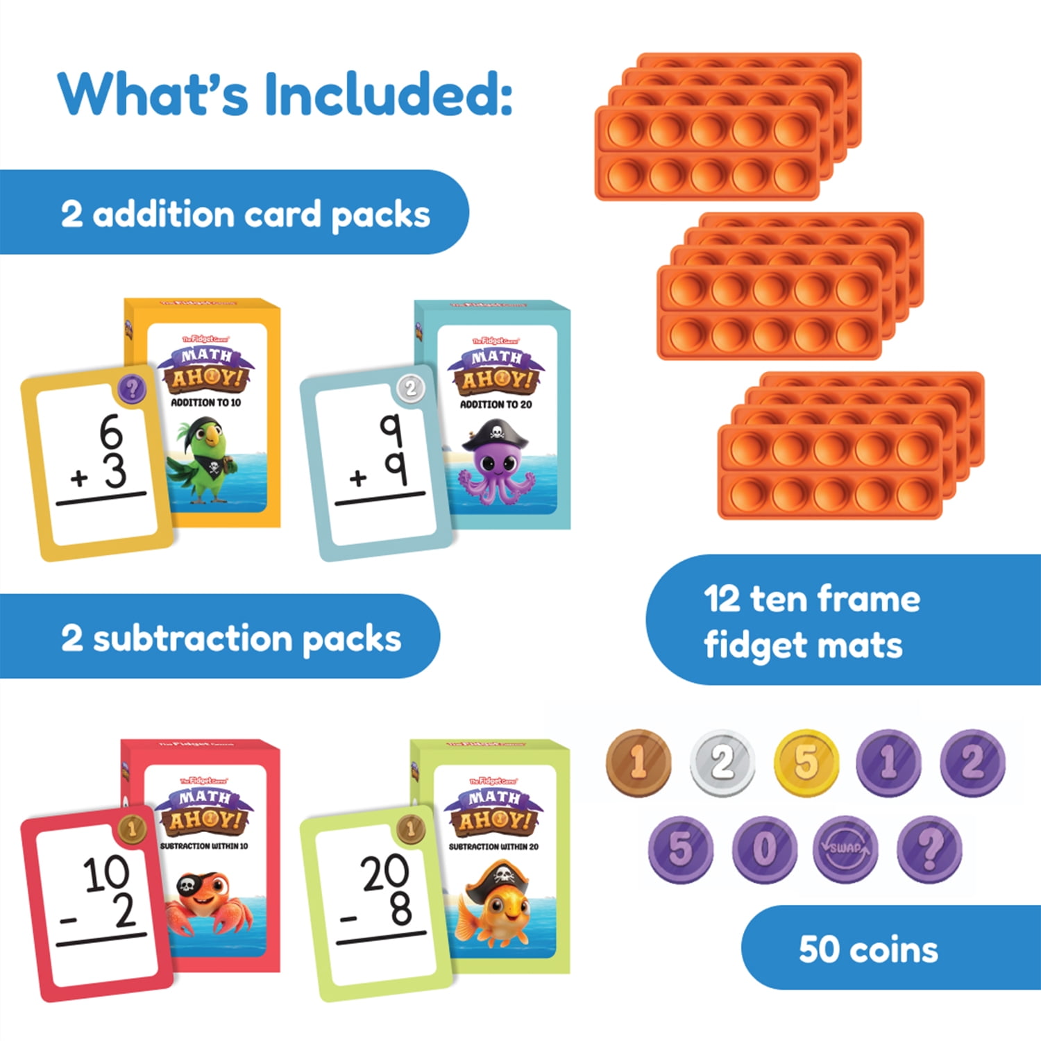The Fidget Game Math Ahoy Game, Flash Cards, Coins & Fidget Mats