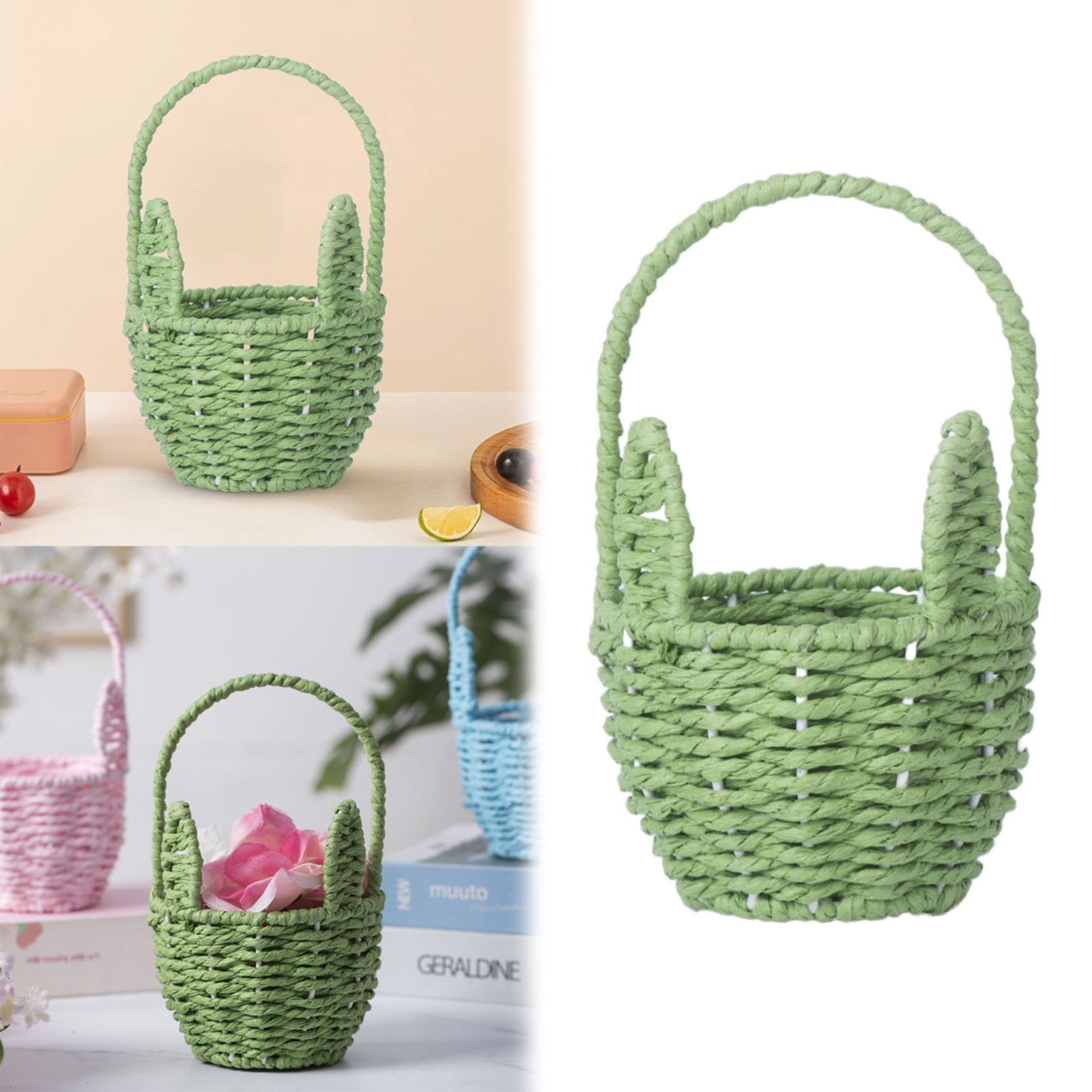 Easter Basket with Handle, Bunny Easter Baskets, Rabbit Harvest Flower Toy Mini Picnic Wine Woven Fruit Birthday Organizer, Easter Egg Cute Cookies Beach Storage, 1 Pcs, 8.19x4.88"