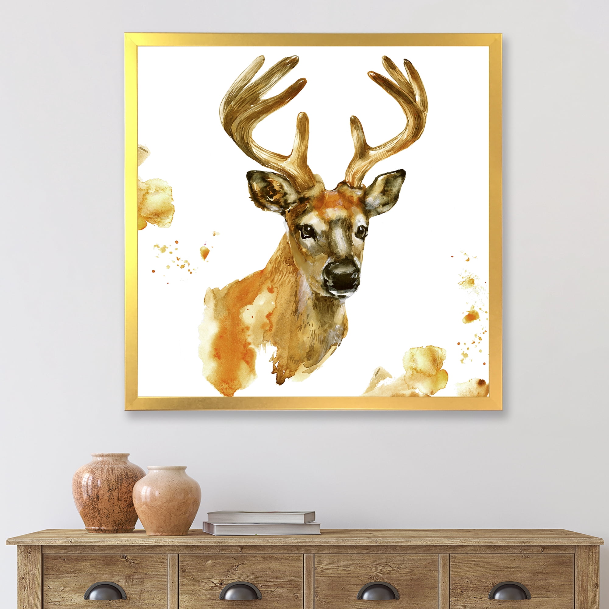 Designart 'Abstract Portrait Of Deer With Big Horns' Farmhouse Framed Art Print