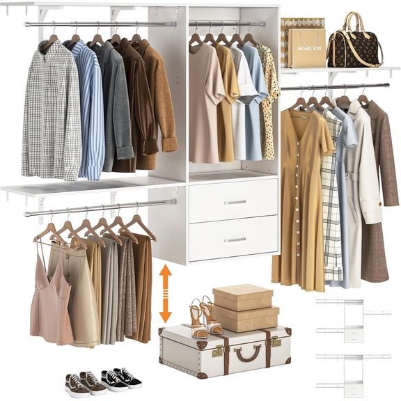 96 Hanging Closet System with 2 Wooden Drawers, 75"–87" Height Adjustable Closet Organizer System with Tower, 4-8FT Custom Closet Shelving System, Wall-Mounted Walk-In Closets Wardrobe, White