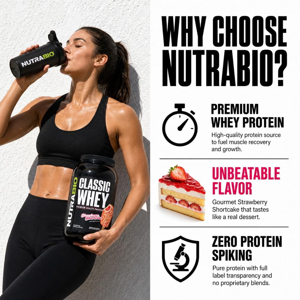 NutraBio Classic Whey Protein Powder Supplement - 25g of Protein Per Scoop - Full-Spectrum Amino Acid Profile with No Fillers, Artificial Colors, or Preservatives - Strawberry Shortcake, 2 Pounds