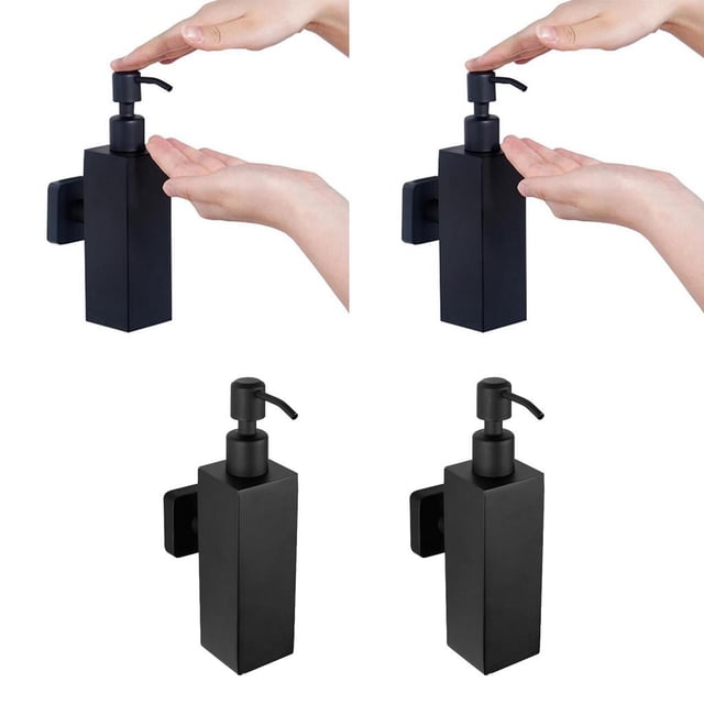 2 botellas de dispensadores de jabón, dispensadores de loción líquida , botellas vacías para aceites esenciale locione jabones líquido par de dispensadores negros de acero inoxidable 304 con acabado pulido, vista frontal centrada de unidades cuadradas con bomba superior desmontable; capacidad 200 ml; diseño para montaje en pared o encimera según modelo; tamaños aproximados: cuadrado 220 x 49 mm y redondo 210 x 50 mm; manos presionando la bomba para dispensar jabón; también suelen usarse para dosificar shampoo o lociones en baño o cocina.