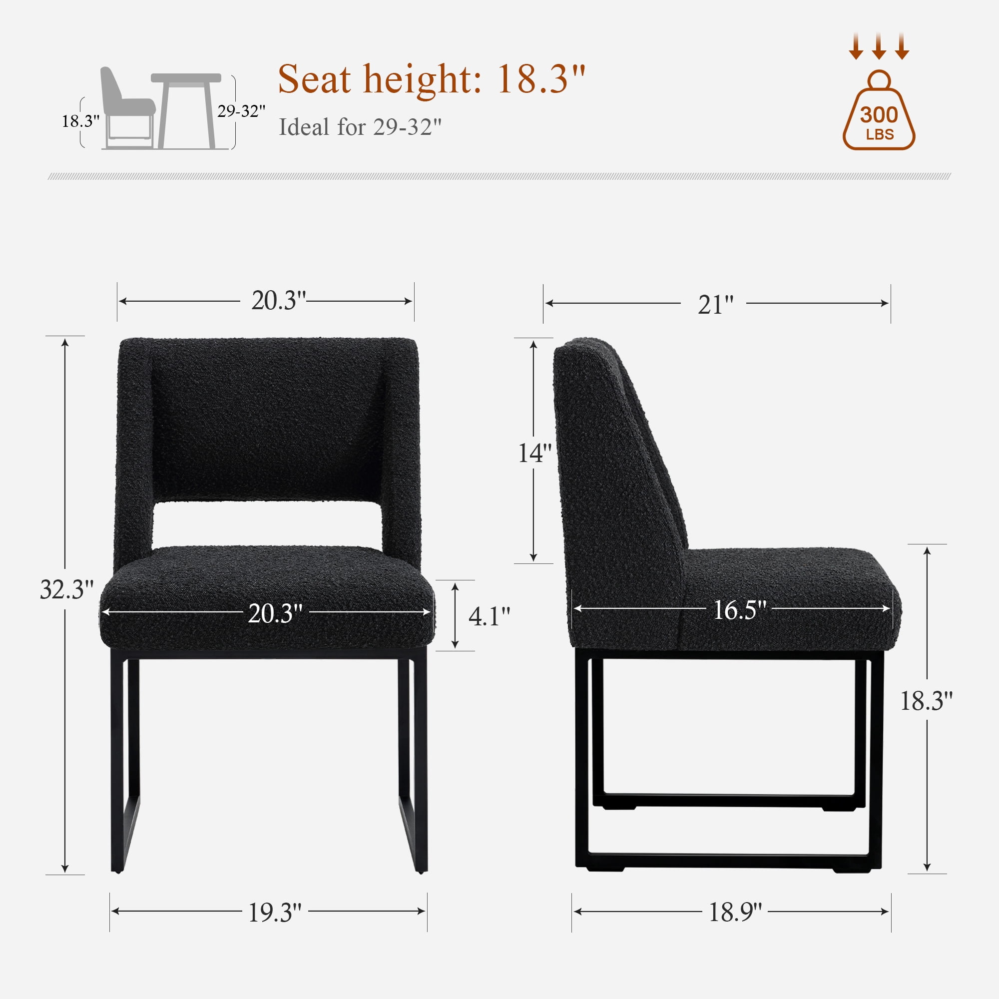 Zesthouse 18.3" Modern Dining Chairs Set of 4, Boucle Fabric Dining Room Chairs with High Back and Metal Legs, Armless Upholstered Side Chair for Dining Room Kitchen, Black