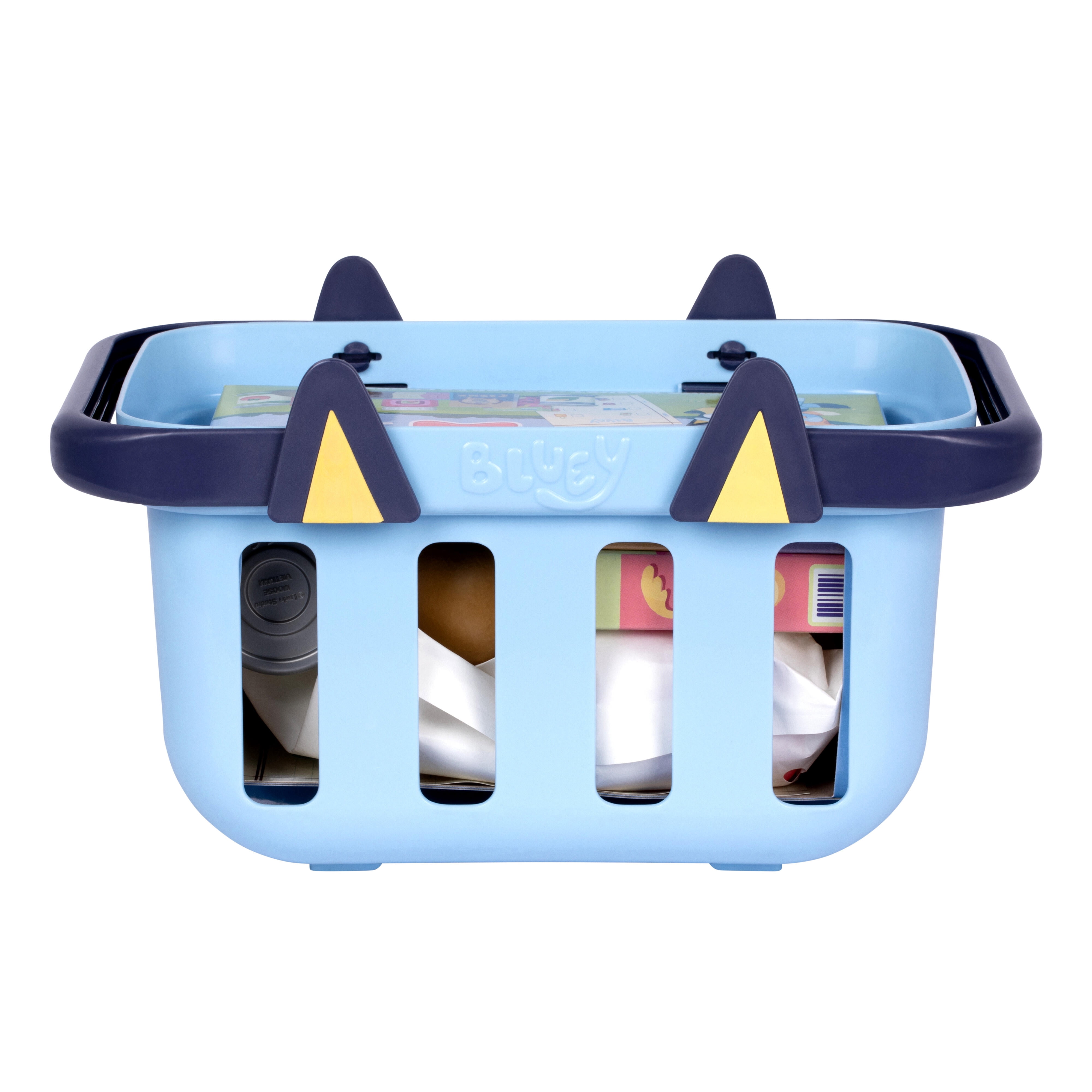 Bluey Shopping Basket, Toddler-Sized Basket Includes 9 Fun Bluey Grocery Accessories & Shopping List, Featuring Folding Handles, Ages 3+