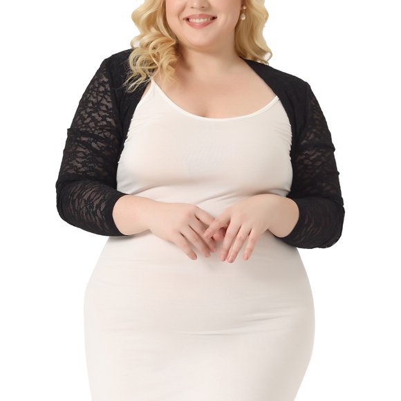 GRACE & GRANDEUR Plus Size Women's Loose Casual Cover Up Sheer Open Front Cropped Lace Cardigan Black 1X