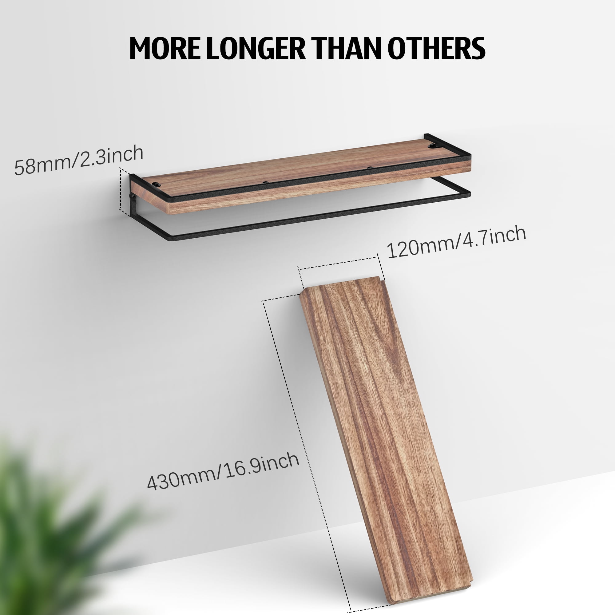 Meangood Floating Shelves Wall Mounted Set of 2, Rustic Wood Wall Storage Shelves for Bedroom,Living Room,Bathroom, Kitchen Torched Wood