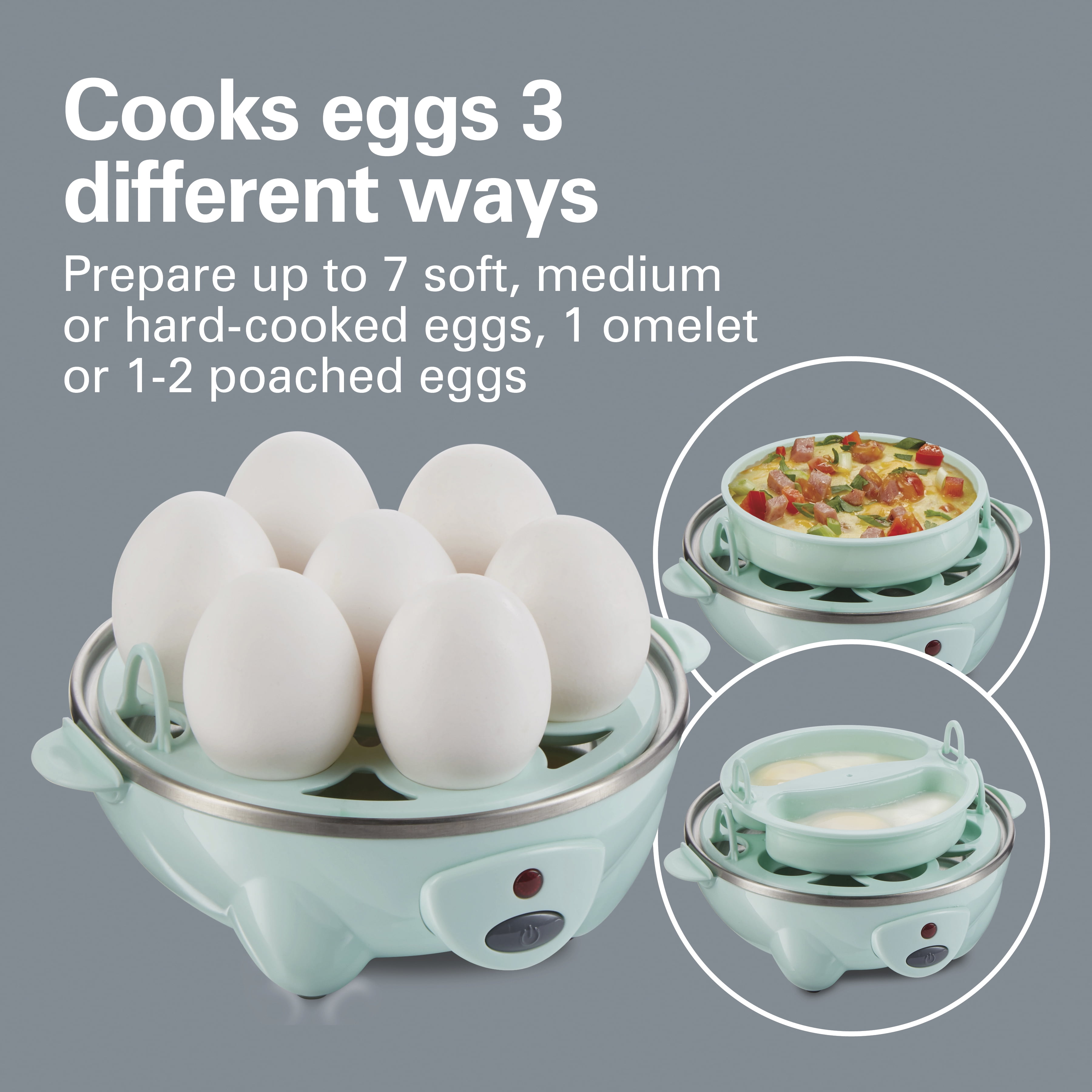 Hamilton Beach Electric Hard Boiled Egg Cooker, 3-in-1: Boiled Egg Cooker,  Poacher & Omelet Maker, Can Hold 7 Eggs, Black with Silver Knob (25500)