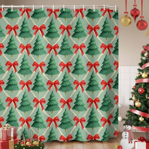 Christmas Tree Shower Curtain, Winter Pine Bow Xmas Geometric Texture Green Waterproof Fabric Shower Curtains with 12 Hooks, Bathroom Curtain Set for Bathroom Accessories Decor, 48 x 72 Inches