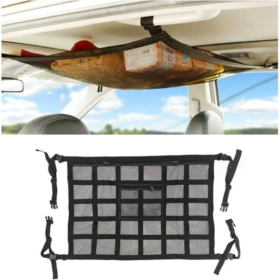 Car Ceiling Cargo Net Pocket, 31.5"x21.6" Overhead Storage Mesh Organizer, Droop Less Car Storage Organizer, Strengthen Load Bearing Double Layer Mesh Organizer, SUV, Trucks, Road Trip Essentials